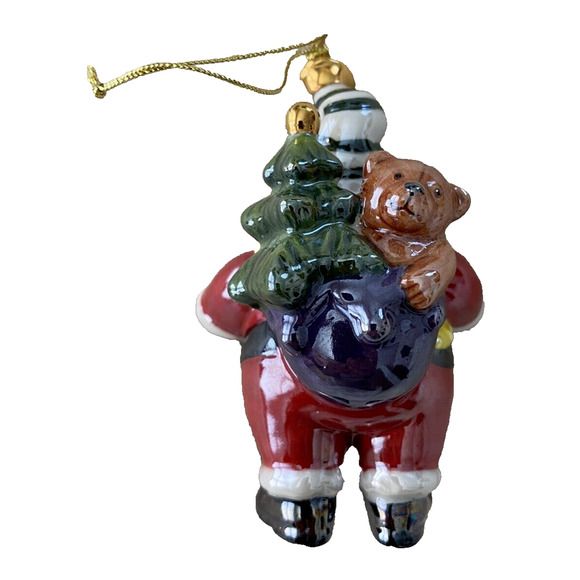 Vtg Santa Christmas Ornament Santa with Bag of Toys Glossy Ceramic Ornament - Picture 2 of 7